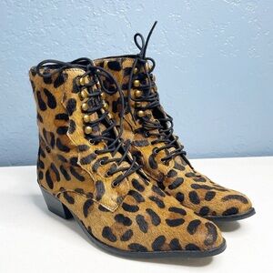 ASOS granny core lace up vampire mid calf leopard print animal hair bootie Sz 7